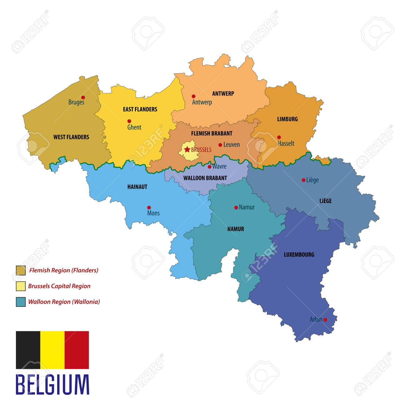 political vector map of belgium with all regions all layers clearly separated stock vector