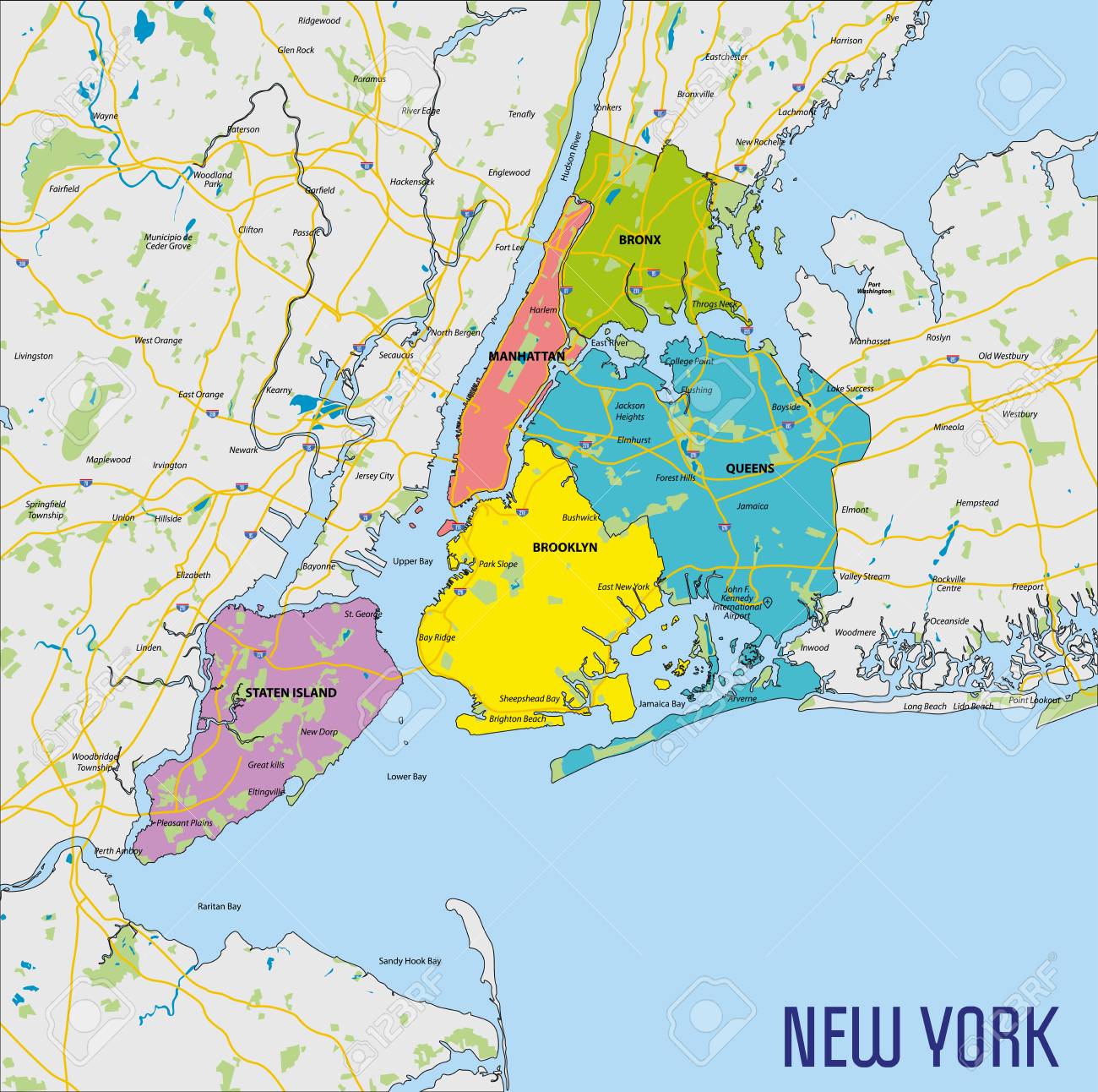 すべての地域、道路、川を持つニューヨークのベクトル非常に詳細な政治