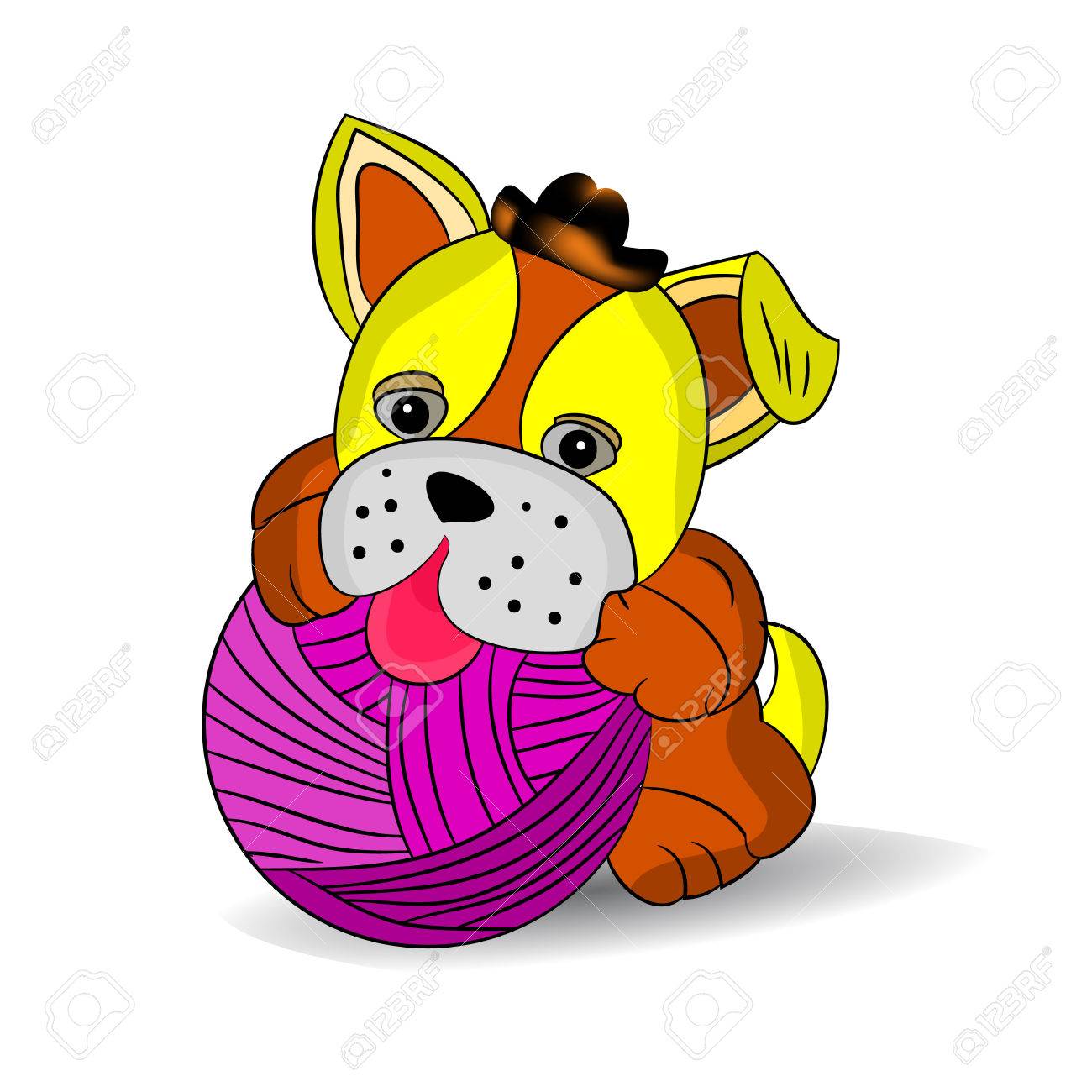 Chien Jaune Dans Un Chapeau Jouant Avec Une Pelote De Fils Un Dessin Animé Sur Un Fond Blanc