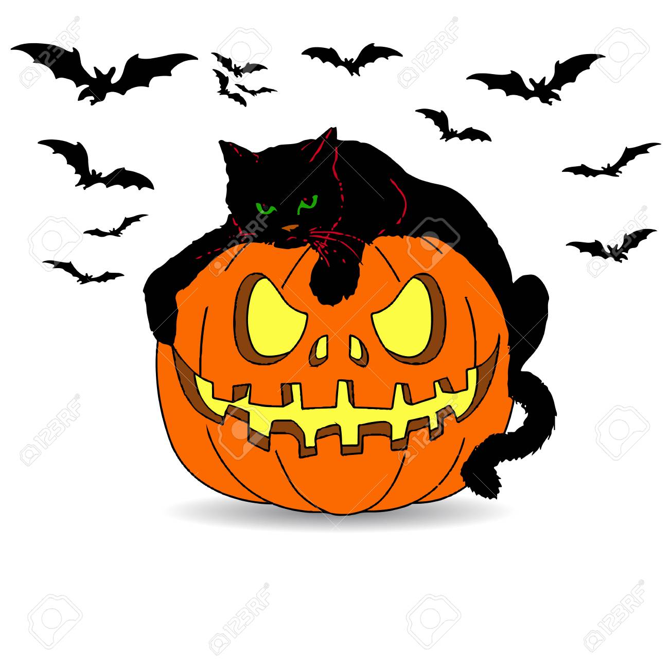 Holiday Halloween Black Cat Lies On A Pumpkin Cartoon On A White Background Vector Royalty Free Cliparts Vectors And Stock Illustration Image