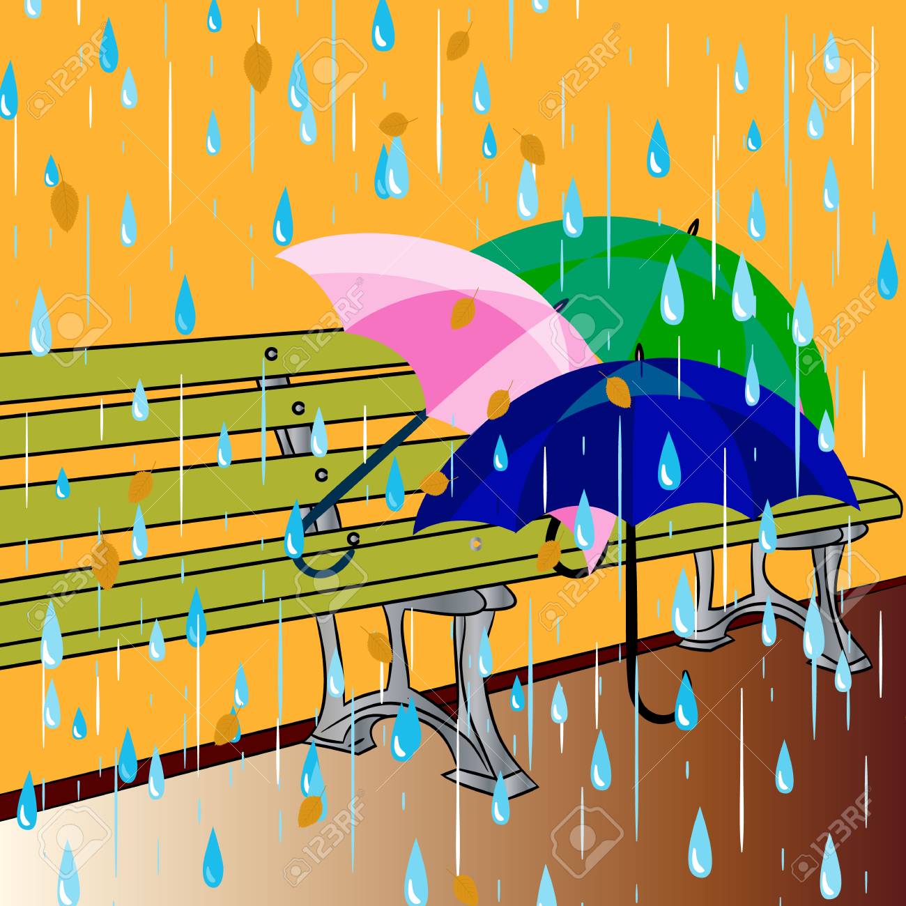 Ilustración De Otoño, En Banco Tres Paraguas, Y Está Lloviendo, Vector Ilustraciones Svg, Vectoriales, Clip Art Vectorizado Libre De Derechos. Image
