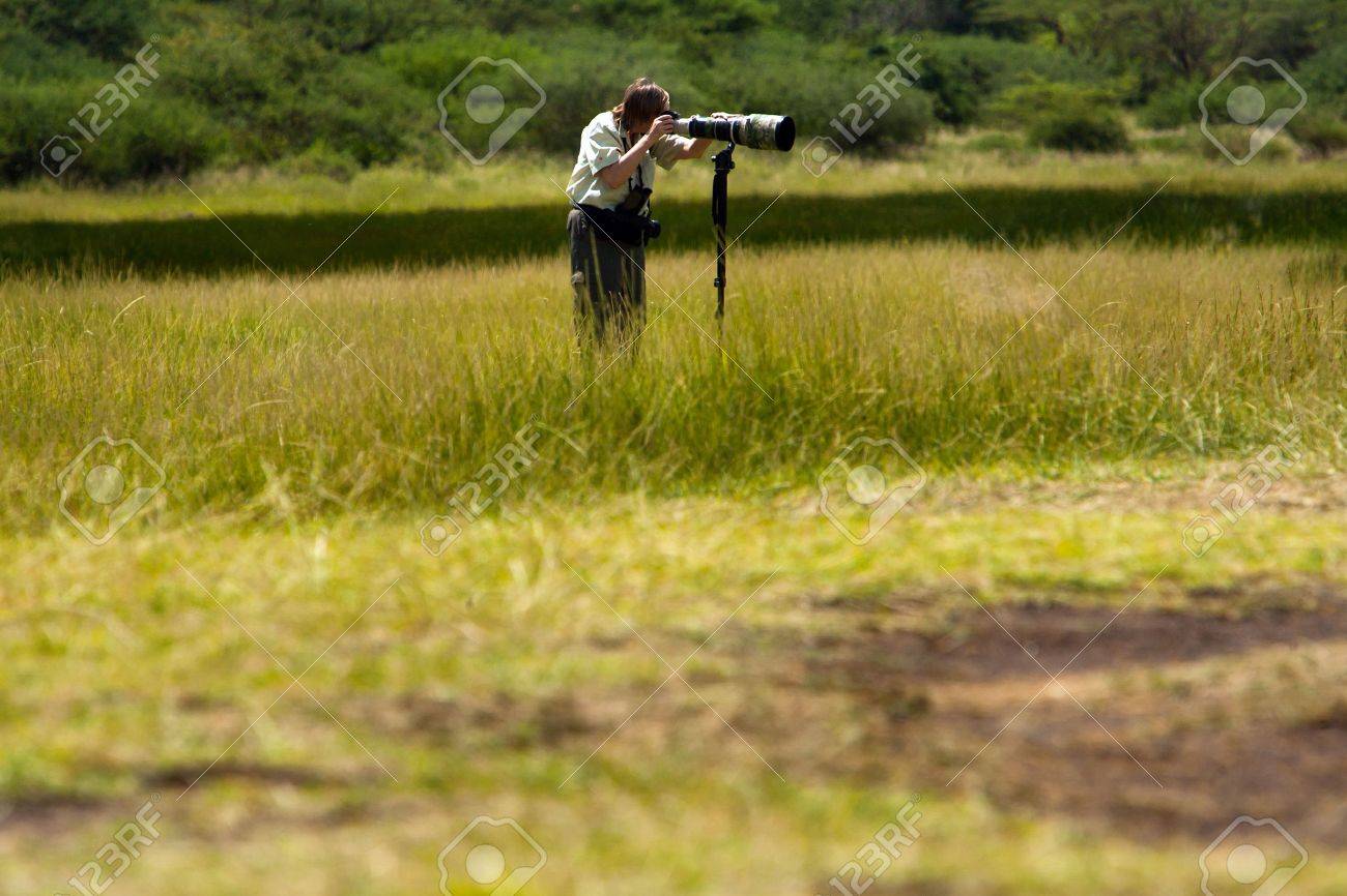 一脚と望遠レンズで撮影フィールドの野生動物写真家 の写真素材 画像素材 Image