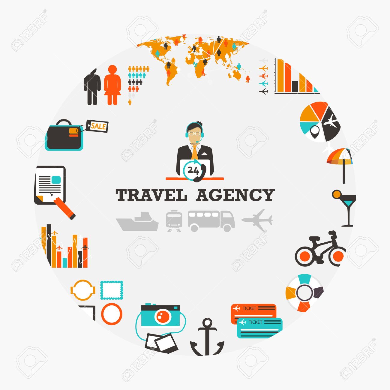 Travel Agency Emblem With Man And Icons Stock Vector Travel Agency Emblem With Man And Icons Stock Vector