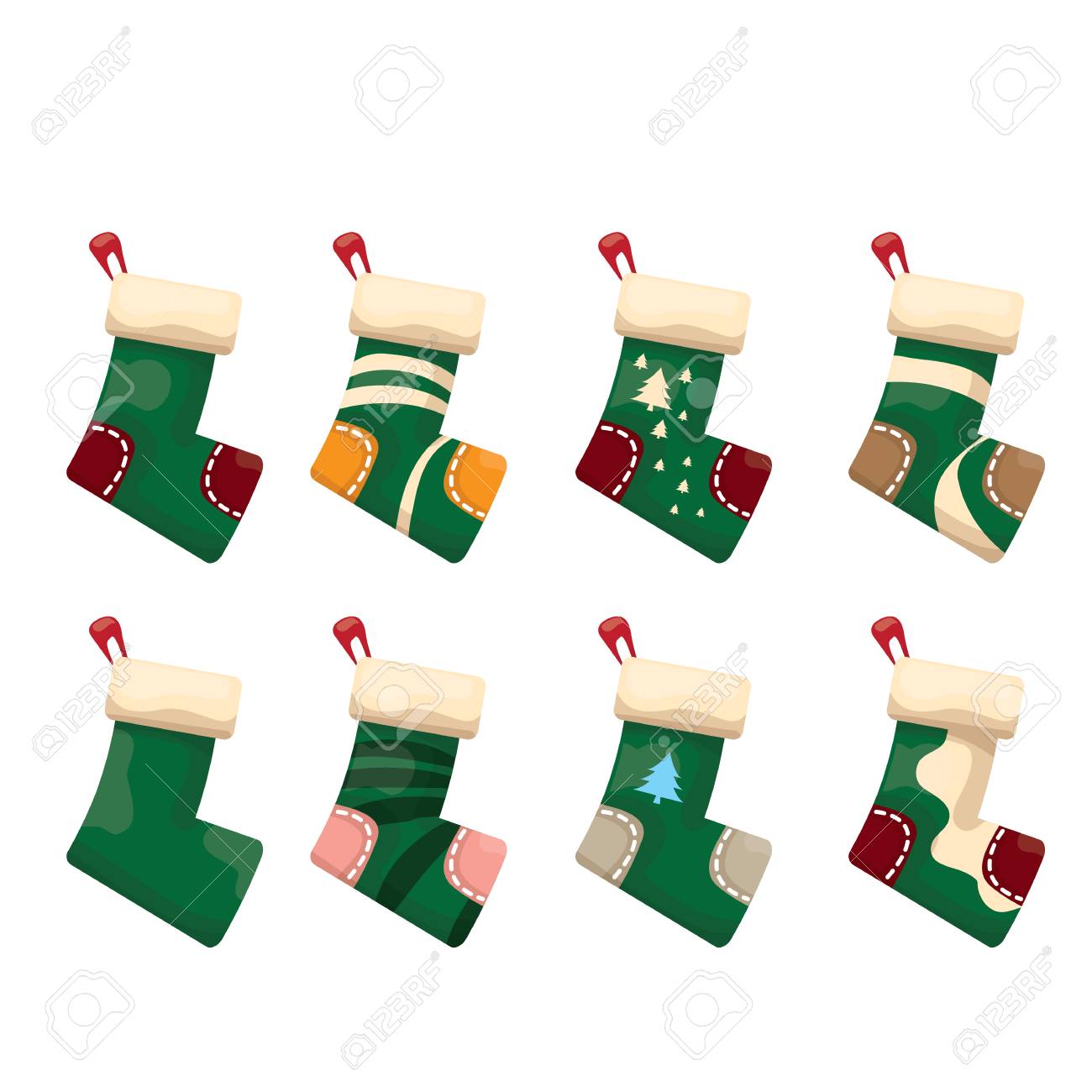 漫画かわいいクリスマス ストッキング色飾り白で隔離 クリスマス ソックス セットのイラスト素材 ベクタ Image 漫画かわいいクリスマス ストッキング色飾り白で隔離 クリスマス ソックス セットのイラスト素材 ベクタ Image