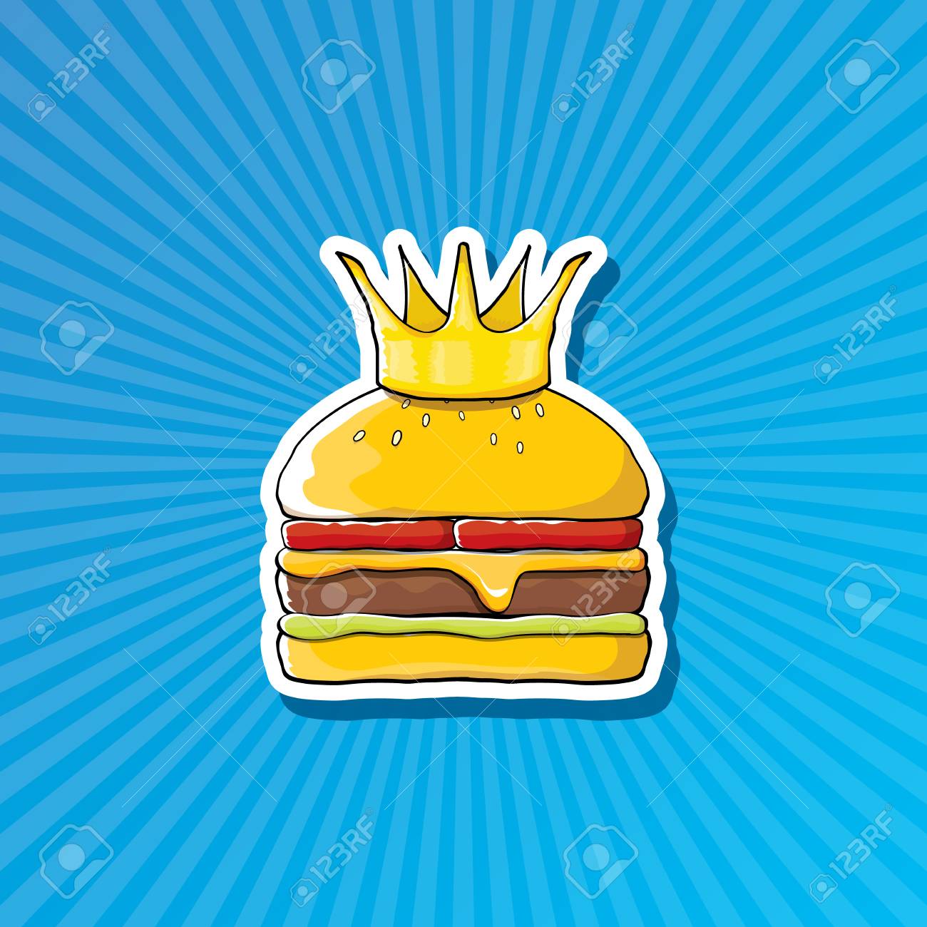 ベクトル漫画ロイヤル王のバーガー チーズと黄金の王冠ステッカーに青い背景に分離されました の写真素材 画像素材 Image