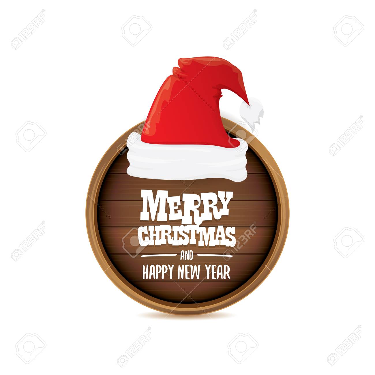 Vector Chapeu De Papai Noel Vermelho Com Sinal De Placa De Madeira De Circulo E Saudacao Feliz Natal Texto Isolado No Fundo Branco Vector Feliz Natal Cartao Modelo De Design De Bandeira