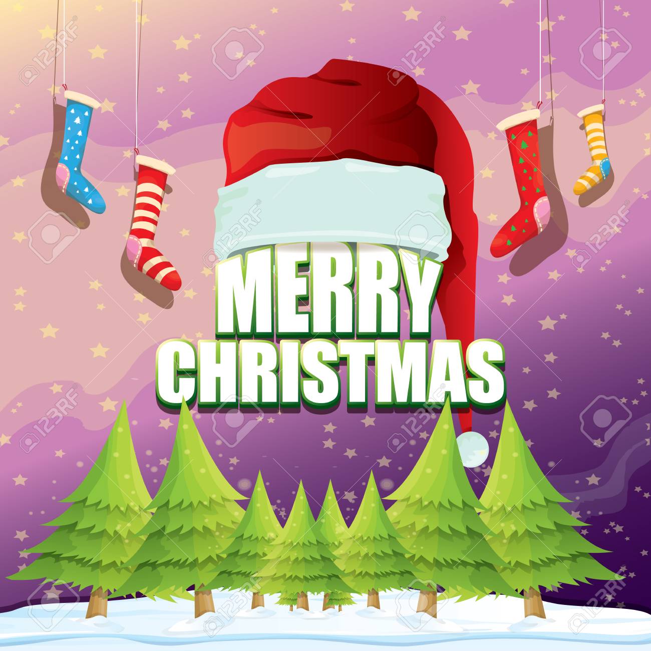 Auguri Di Natale Zumba.Vettoriale Vector La Cartolina D Auguri Di Natale Con Il Cappello Rosso Della Santa Gli Alberi Di Natale La Neve Il Cielo Stellato Di Notte Il Paesaggio Nevoso Dell Inverno E Il Testo