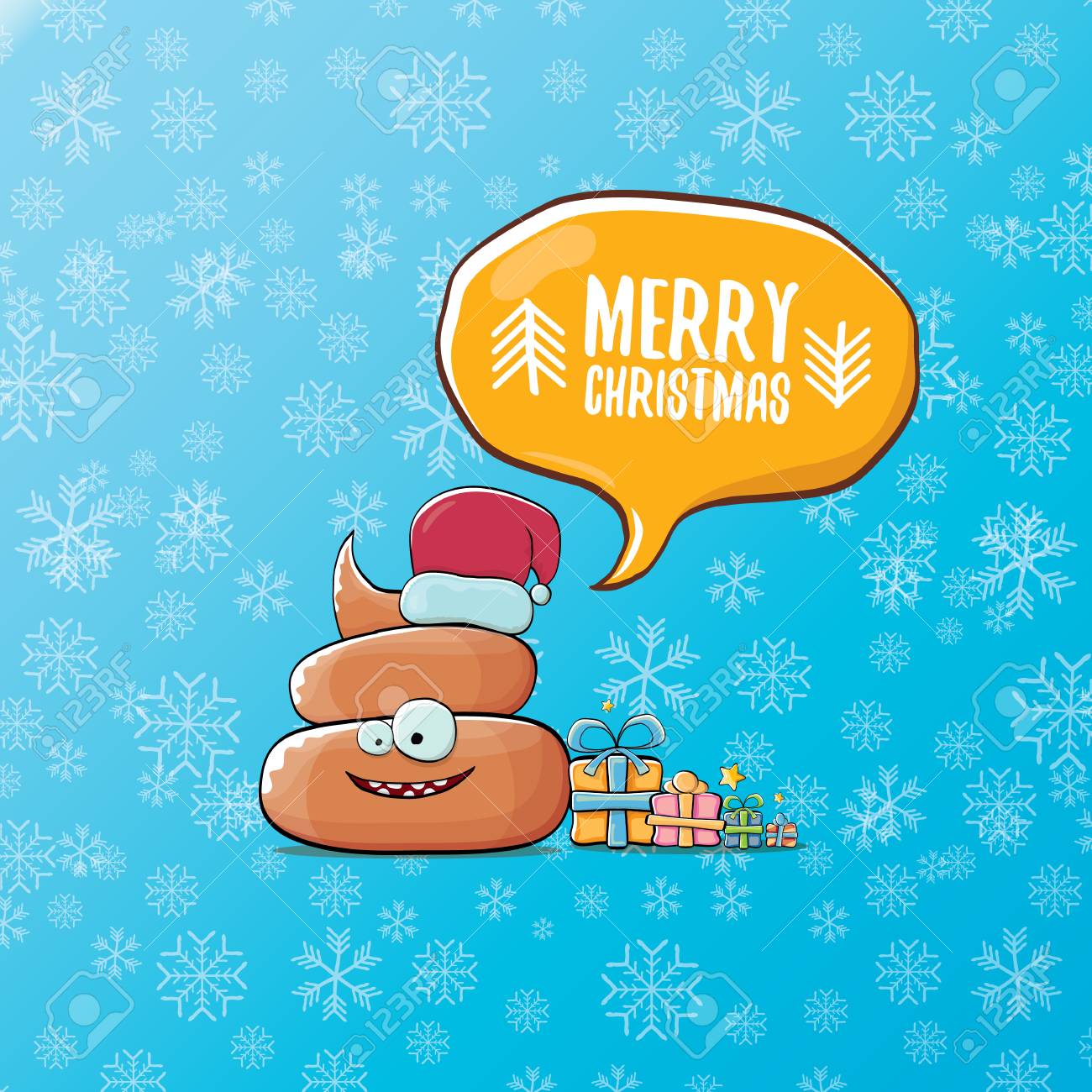 Vektor Lustige Cartoon Coole Susse Braune Lachelnde Poo Symbol Mit Santa Red Hat Geschenke Und Sprechblase Auf Weihnachten Blauen Hintergrund Mit Schneeflocken Emoji Funky Weihnachten Charakter Lizenzfrei Nutzbare Vektorgrafiken Clip Arts