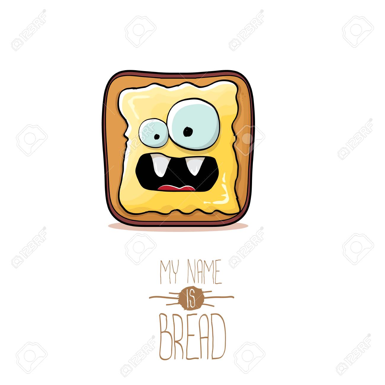 ファンキーベクトル漫画かわいい白いスライストーストパンのキャラクターは 白い背景に隔離されたバター 私の名前は 目 と口を持つパンコンセプトイラストファンキーな食べ物キャラクターです のイラスト素材 ベクタ Image