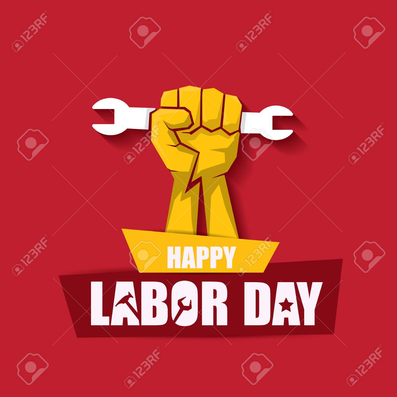 労働日usaベクトルラベルまたはバナーの背景 赤で孤立した握りこぶしを持つベクトル幸せな労働日のポスターやバナー 労働組合のアイコン のイラスト素材 ベクタ Image