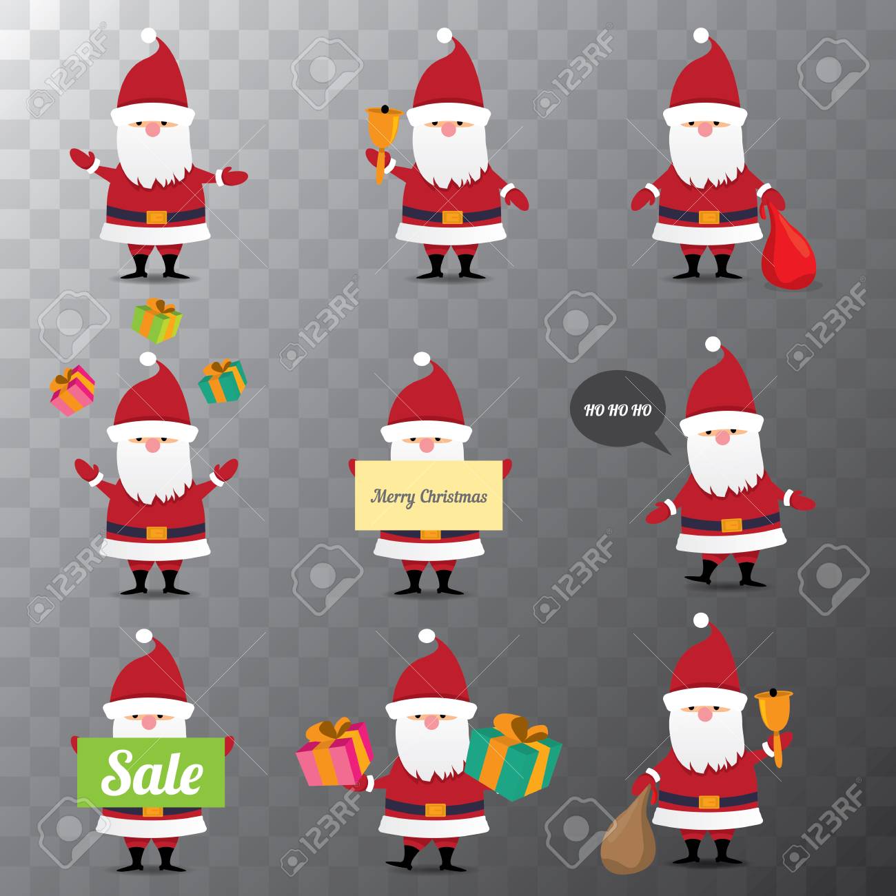 Set Of Christmas Cartoon Santa Claus Isolated On Transparent