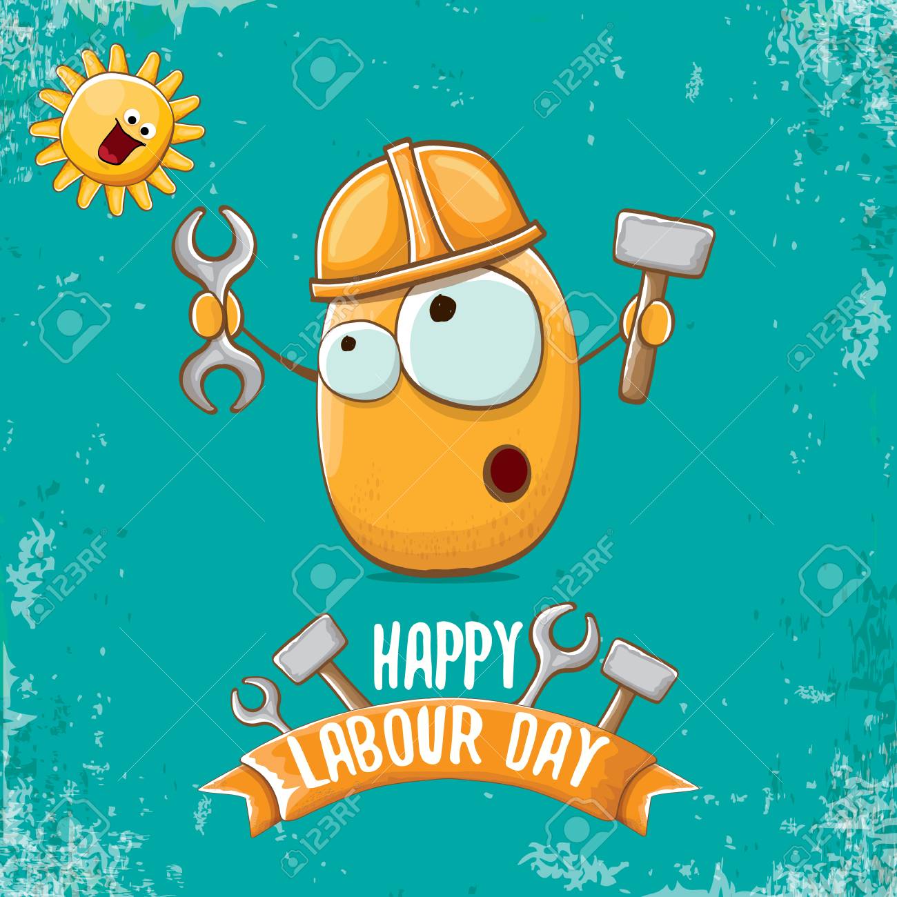 International Workers Day Or Labour Day Greeting Card . Vector Funny Cartoon Brown Smiling Worker Potato With Engineer Helmet Holding Hammer And Wrench Isolated On Blue Background. Mayday Poster Royalty Free SVG, International Workers Day Or Labour Day Greeting Card . Vector Funny Cartoon Brown Smiling Worker Potato With Engineer Helmet Holding Hammer And Wrench Isolated On Blue Background. Mayday Poster Royalty Free SVG,