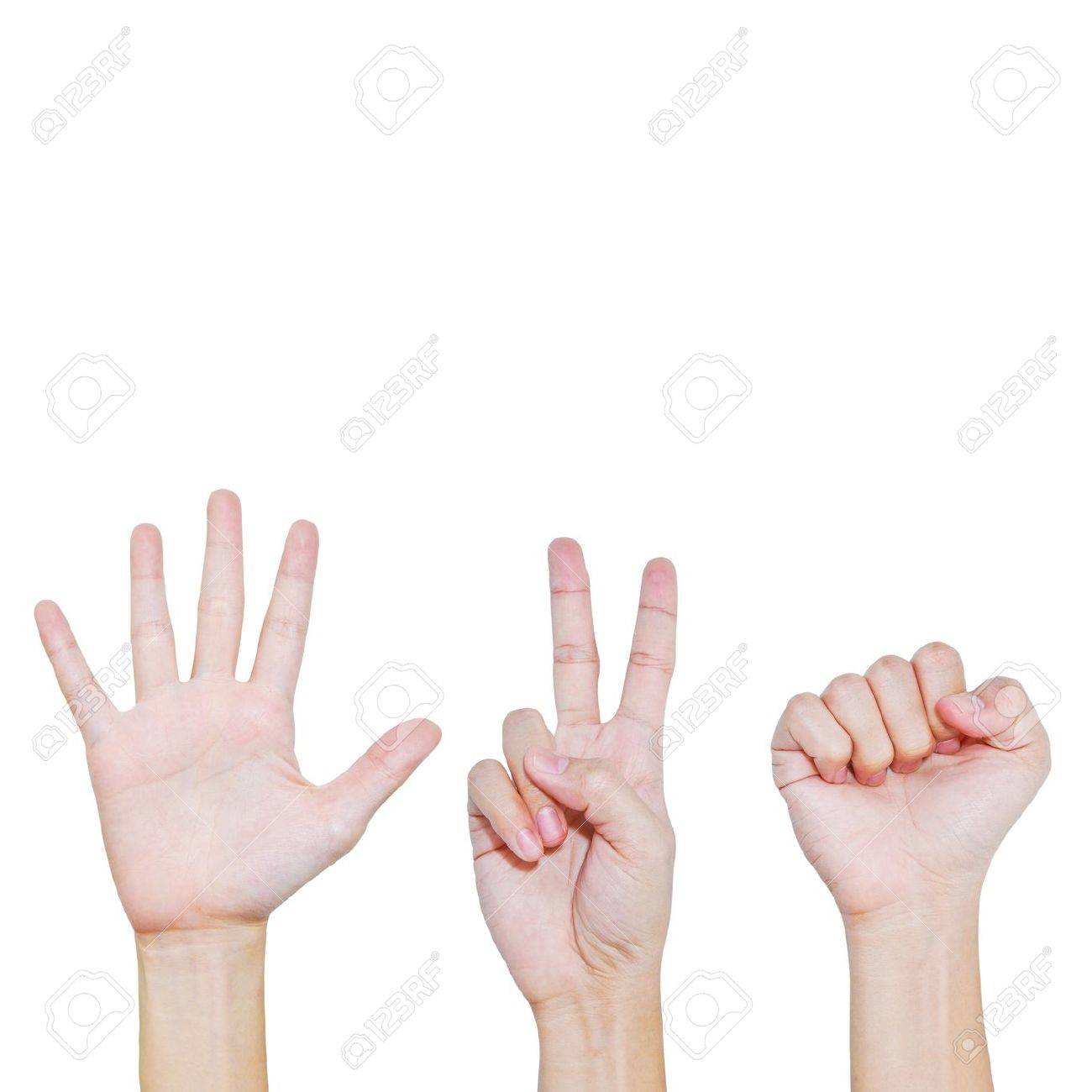 rock scissors paper hand posing in various position stock