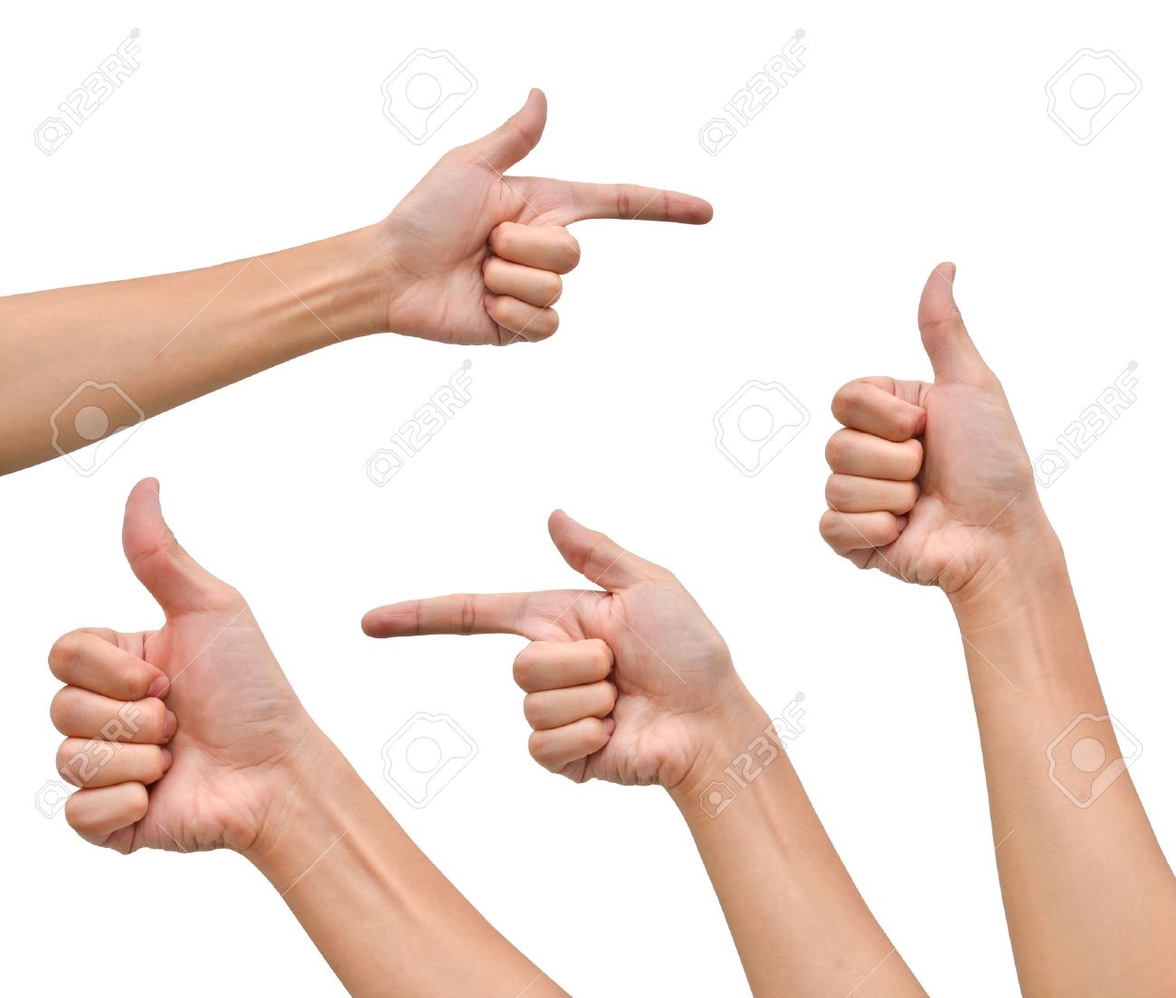 variety of hands in different poses on white background stock photo