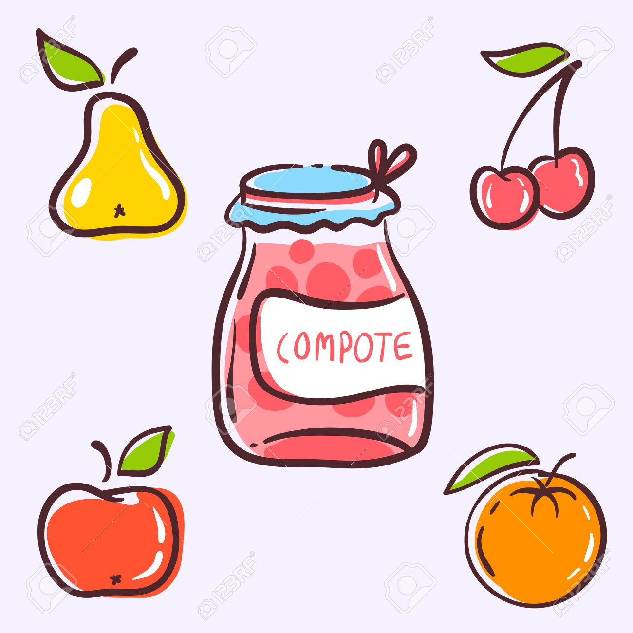 The Compote Fruits Components Consist Of Red Apple Yellow Pear Purple Cherry And Pomarange Orange Fully Editable Vector Illustration Ideal For Textile And Ceramic Industry Post Cards Royalty Free Cliparts Vectors And