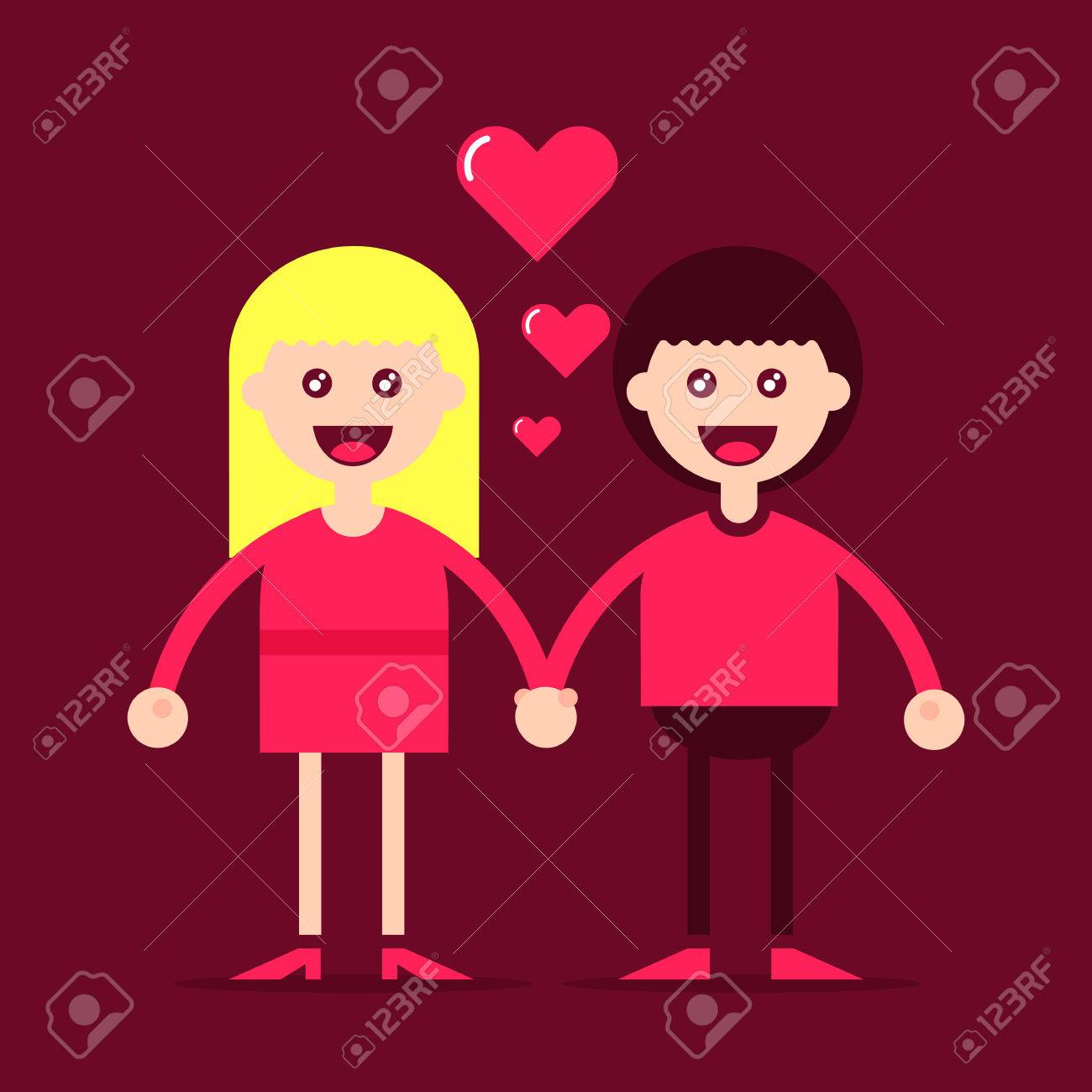 Joven Pareja De Enamorados Están Sonriendo Y Agitando Las Manos Personajes De Caricatura Ilustración Vectorial Completamente Editable Uso Perfecto Para Las Tarjetas Y Carteles Ilustraciones Vectoriales Clip Art Vectorizado Libre De Derechos