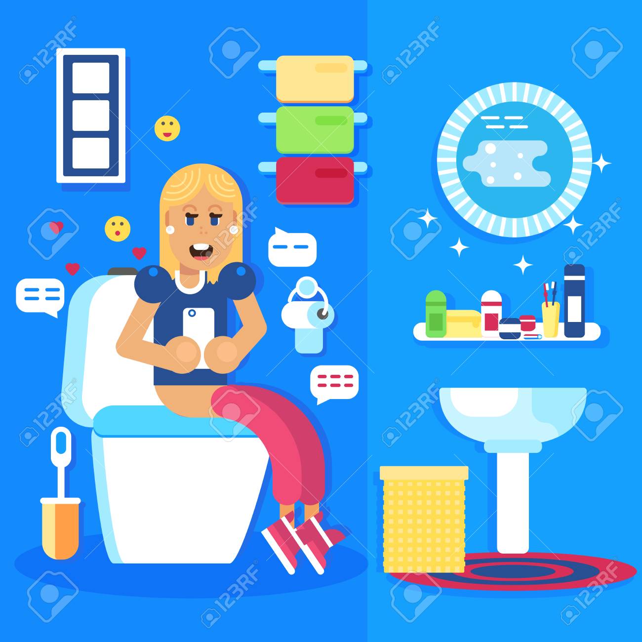 Young Girl Seating In The Toilet With The Smart Phone And Chats ... Young Girl Seating In The Toilet With The Smart Phone And Chats ...