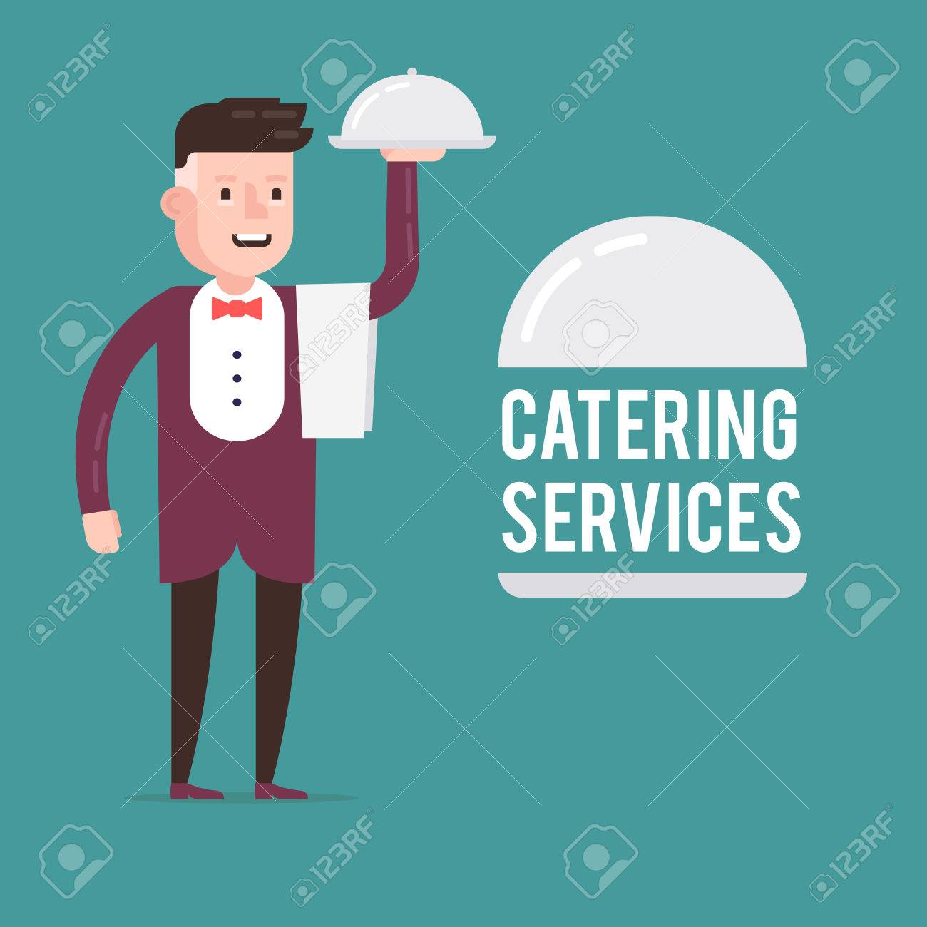 かわいいウェイター Wth ケータリング サービスのコル概念として皿プレート フラットなデザインのベクトル図です のイラスト素材 ベクタ Image