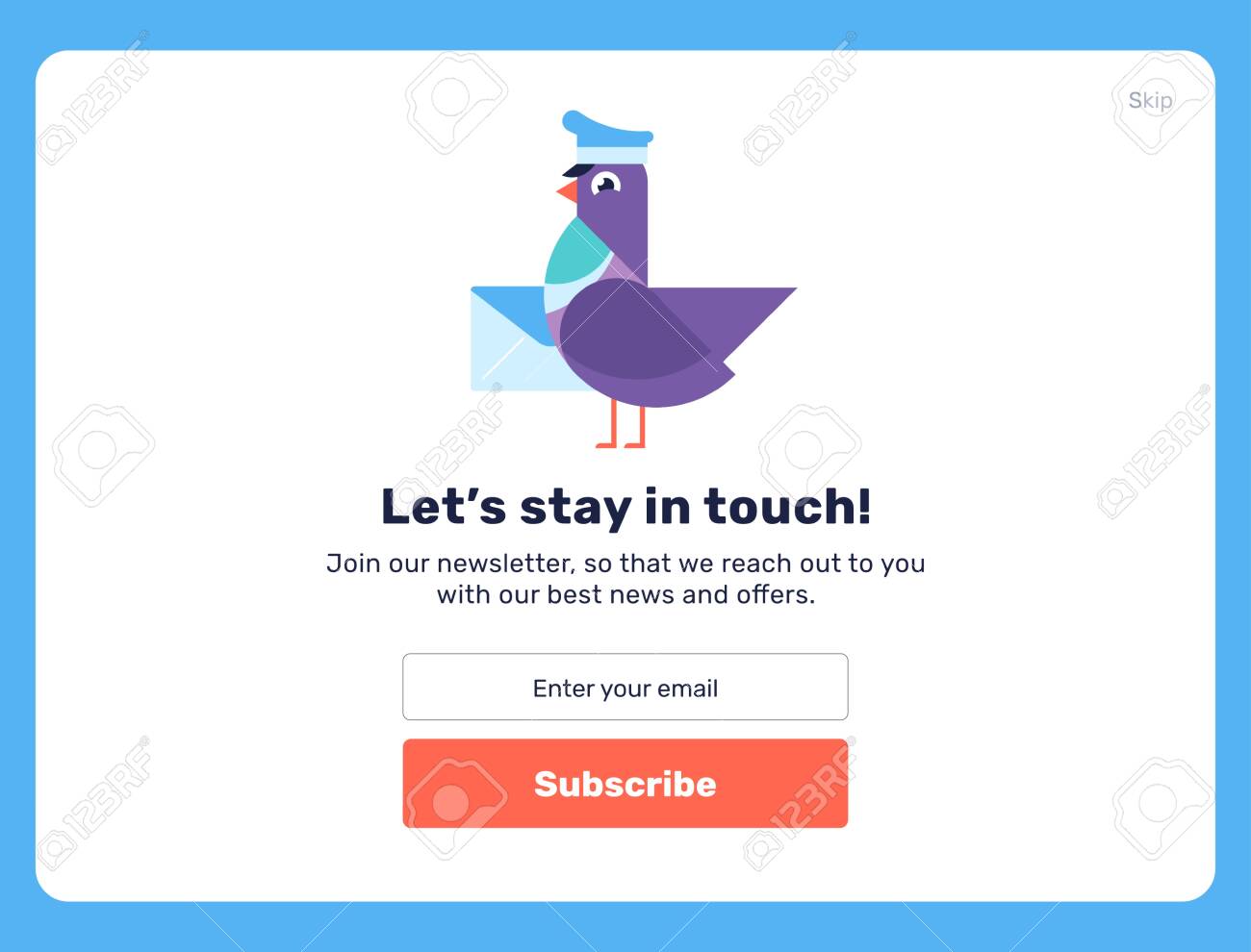 ニュースレターを購読してください フラットスタイルベクトルイラストui Uxデザイン テキスト ボックスと購読ボタン テンプレートを使用します 封筒付きのかわいいフラット鳩 タッチアクションコールに滞在 のイラスト素材 ベクタ Image