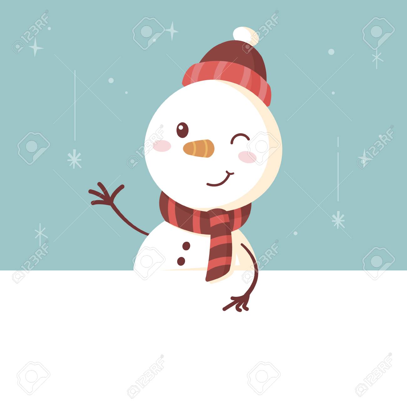 cute snowman standing behind the white banner and showing something
