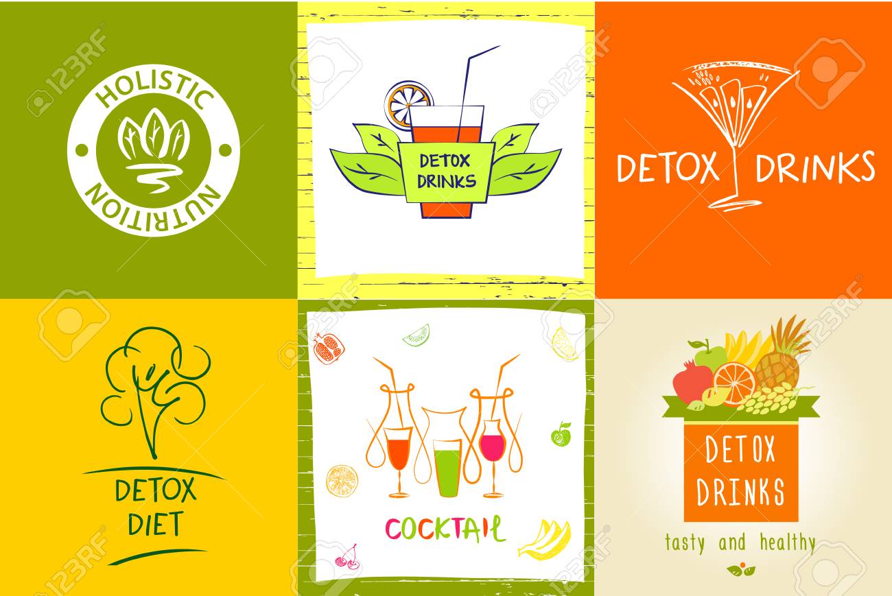 色の背景にベクトルロゴデトックス 飲料水 ダイエット ホリスティック栄養のセット メニューカフェ レストランで新鮮な健康ジュースや食品のフリーハンドで描かれたイラスト のイラスト素材 ベクタ Image