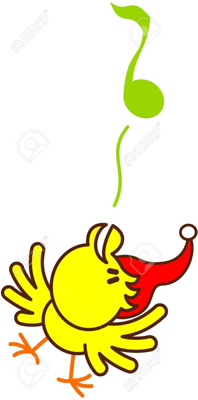 Joli Petit Oiseau Jaune Avec Un Chapeau Rouge De Noël Tout En étendant Ses Ailes Soulevant Sa Tête Debout Sur Une Jambe Et Cheeping Mélodieusement