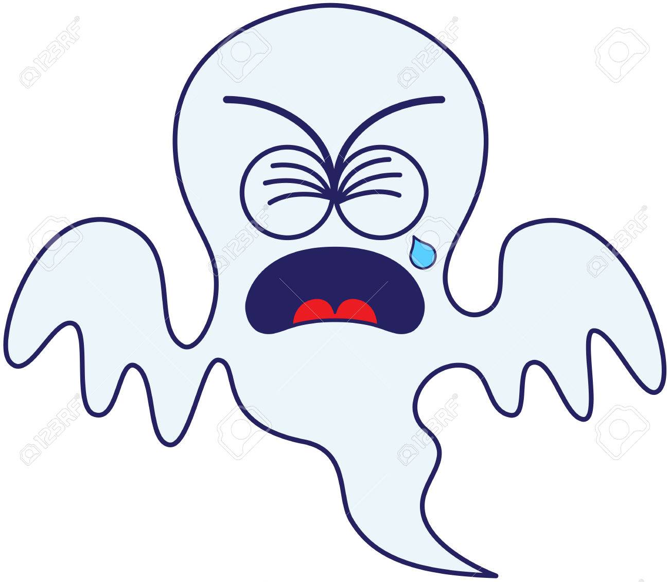 シンプルなスタイルで 大きな頭と膨らんだ目 フローティングし ながら 彼の目を噛みしめ 泣いて 叫んで苦しめ感じてかわいい青幽霊 のイラスト素材 ベクタ Image