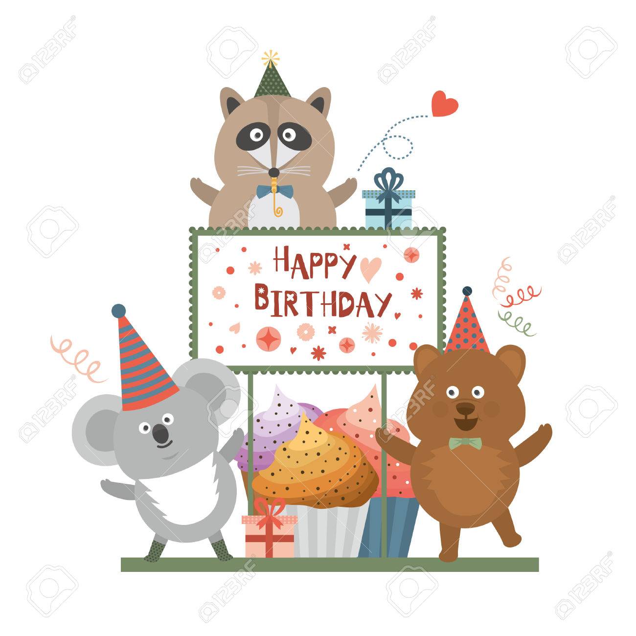 誕生日パーティー タヌキ クマとコアラのイラスト素材 ベクタ Image 誕生日パーティー タヌキ クマとコアラのイラスト素材 ベクタ Image
