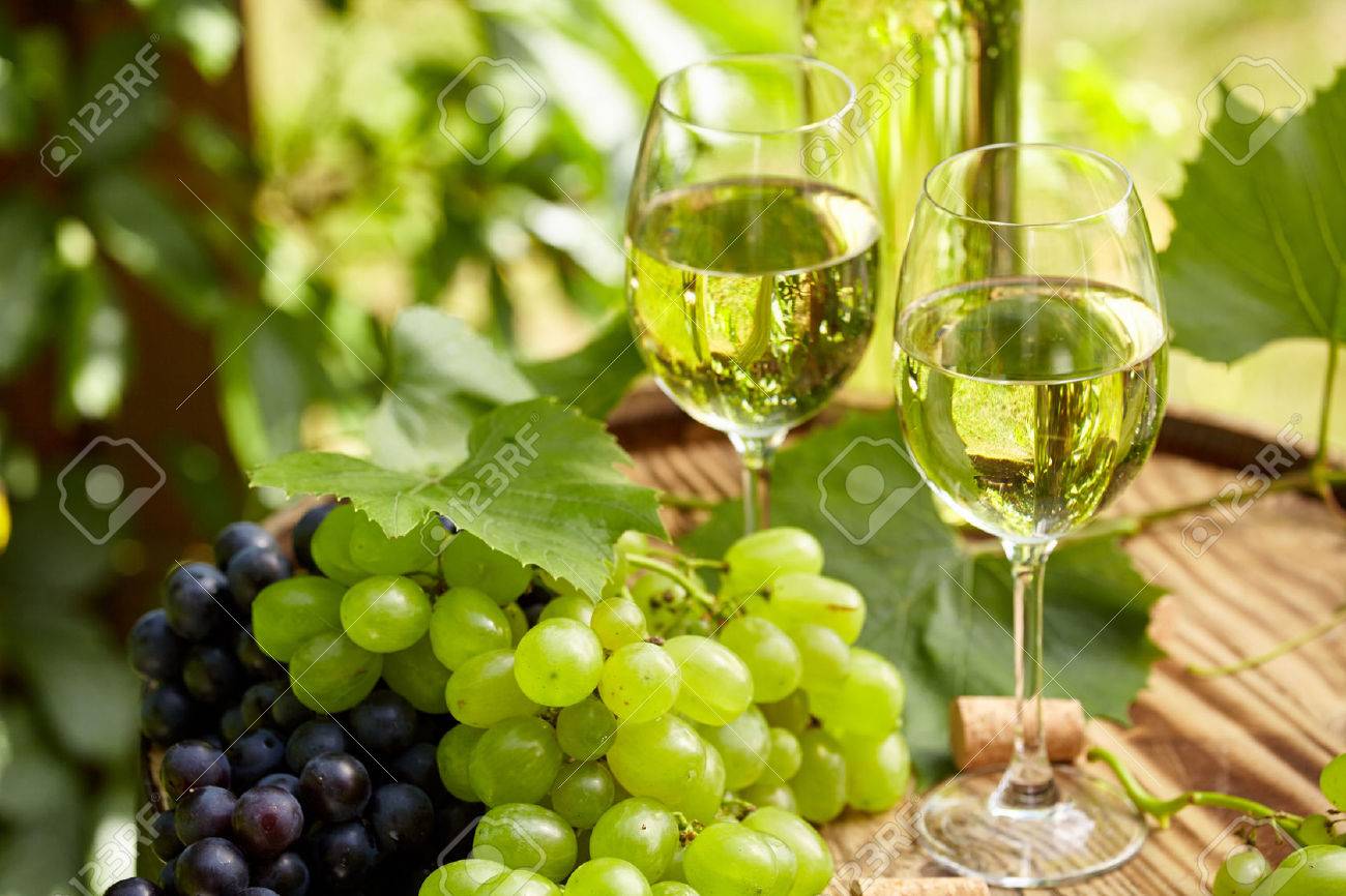 Grape and white wine on wooden barrel on garden terrace - 51904294 Grape and white wine on wooden barrel on garden terrace - 51904294