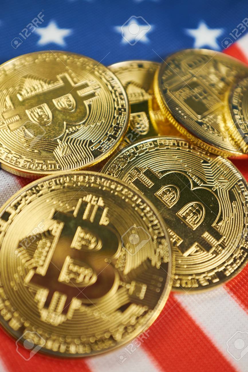Bitcoin Gold Color On The Flag Of Usa Cryptocurrency On Background - 