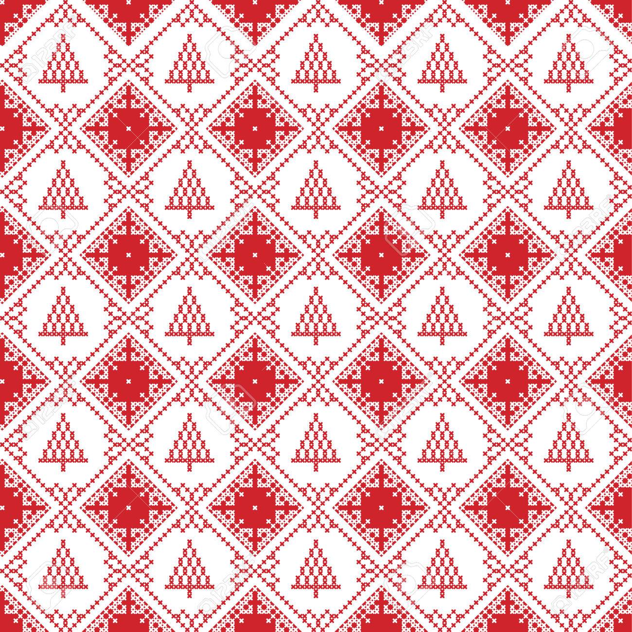 Stella Di Natale A Punto Croce.Vettoriale Punto Trasversale Sconvolgente Senza Soluzione Di Continuita Ispirato A Stile Nordico Modello Di Natale In Punto Croce Con Albero Di Natale Stella E Ornamenti Decorativi In Rosso E Bianco In