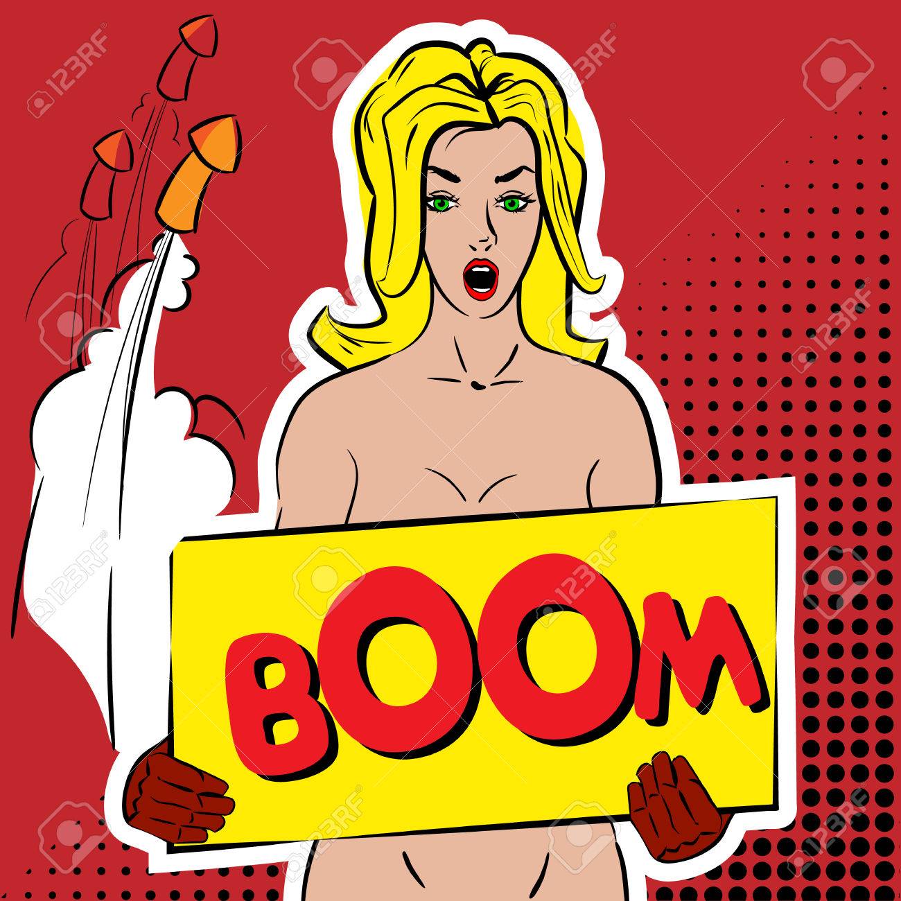 Atractiva Chica Desnuda Con Un Cartel Con El Auge De La Inscripción. Mujer  En La Estela Retro Pin Up. Los Pechos Femeninos Plato Cubierto.  Ilustraciones svg, vectoriales, clip art vectorizado libre de