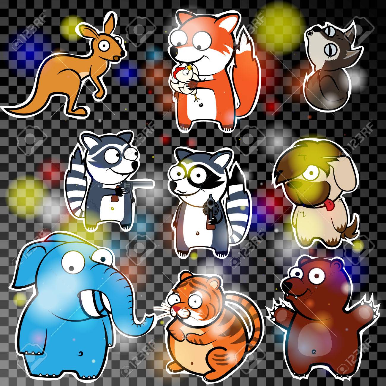 漫画コミカルな野生動物とステッカーのセットです のイラスト素材 ベクタ Image
