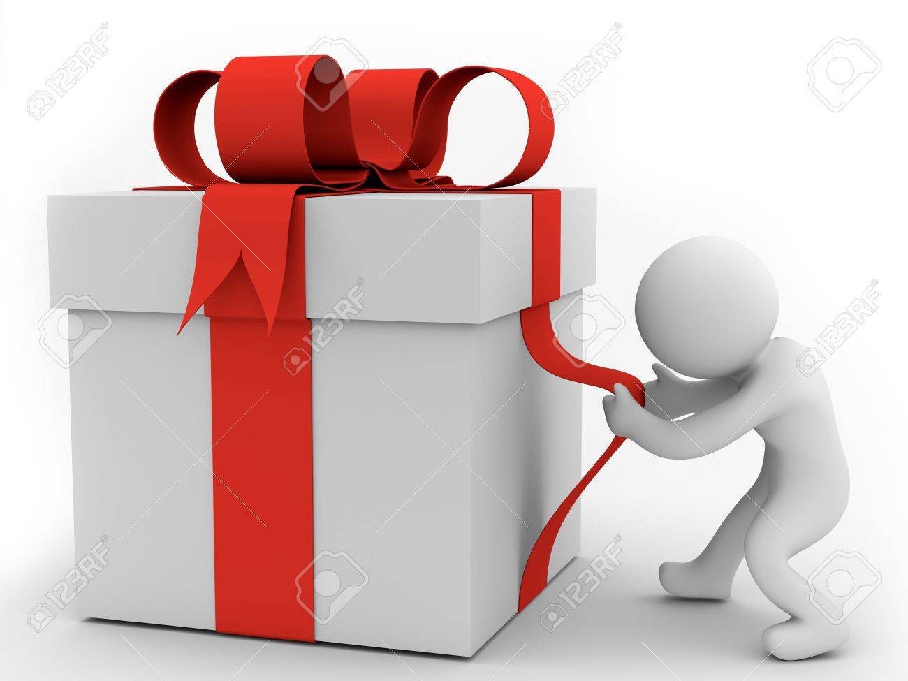 render of a human pulling big gift box stock photo picture and