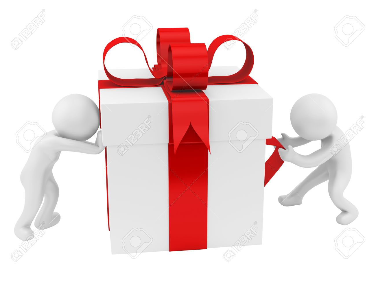 render of 2 men pushing pulling a big gift box isolated on white