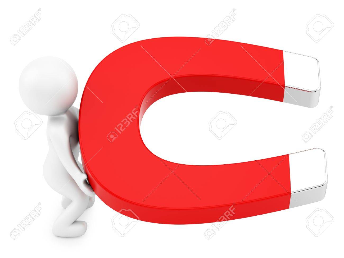 render of a man holding a big magnet on a white background stock