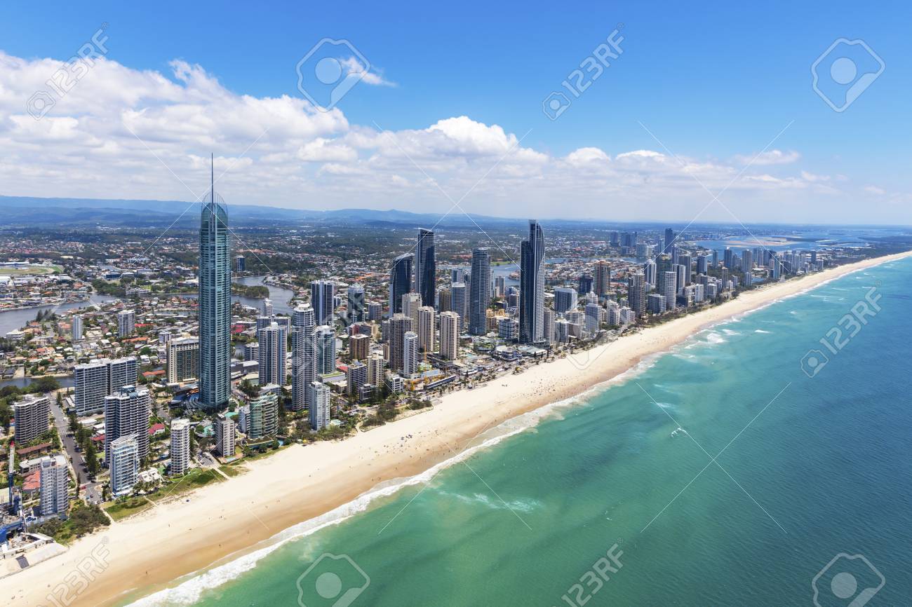 Sunny aerial view of Surfers Paradise looking inland on the Gold Coast, Queensland, Australia - 95012886 Sunny aerial view of Surfers Paradise looking inland on the Gold Coast, Queensland, Australia - 95012886