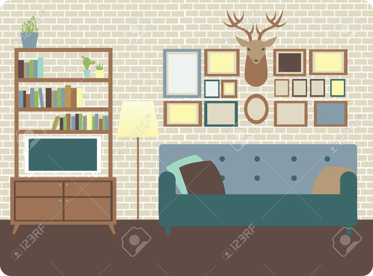 ロフト スタイルの壁や装飾で居心地の良いリビング ルームのインテリア のイラスト素材 ベクタ Image