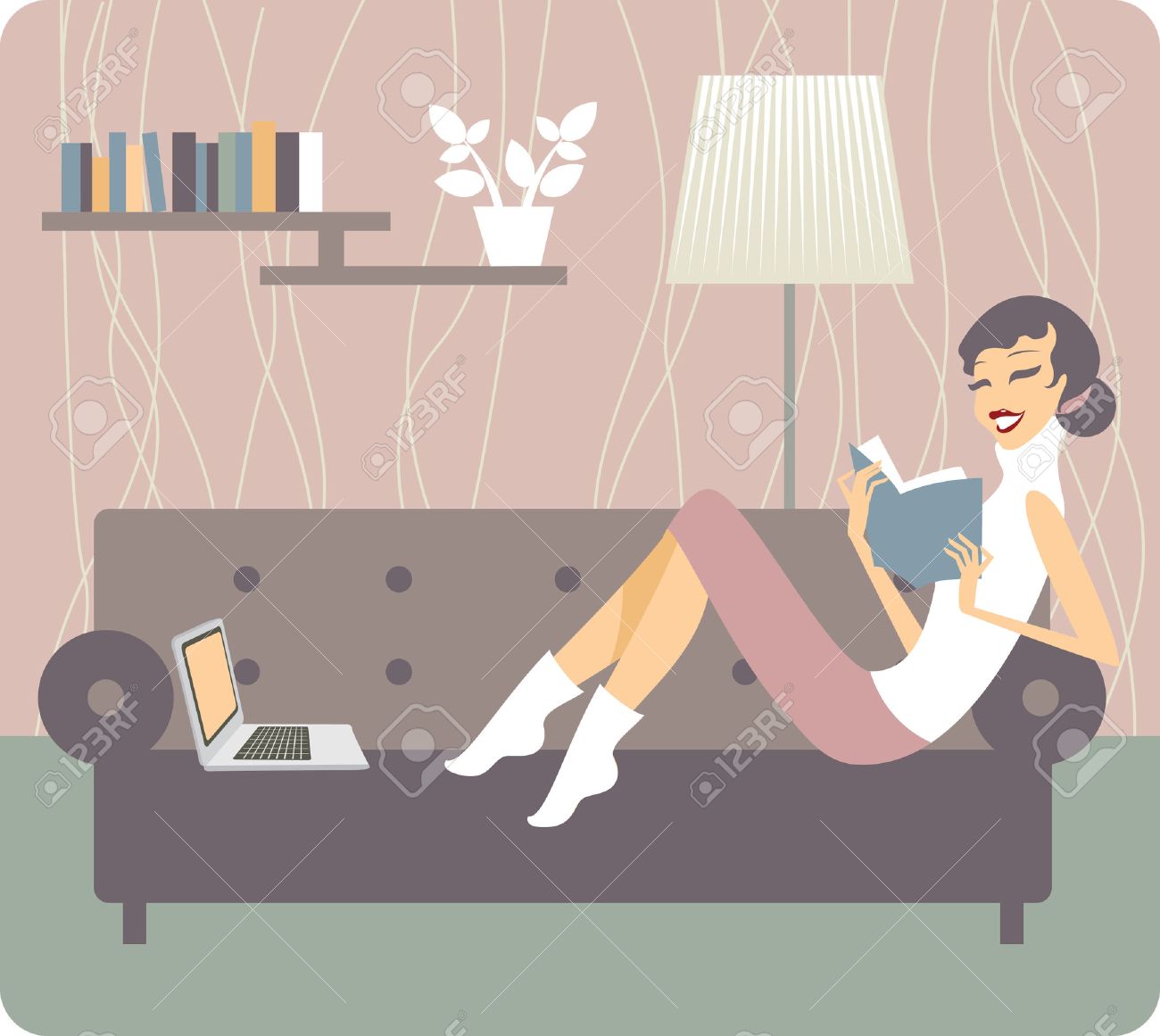young woman relaxing on sofa reading book at home royalty free