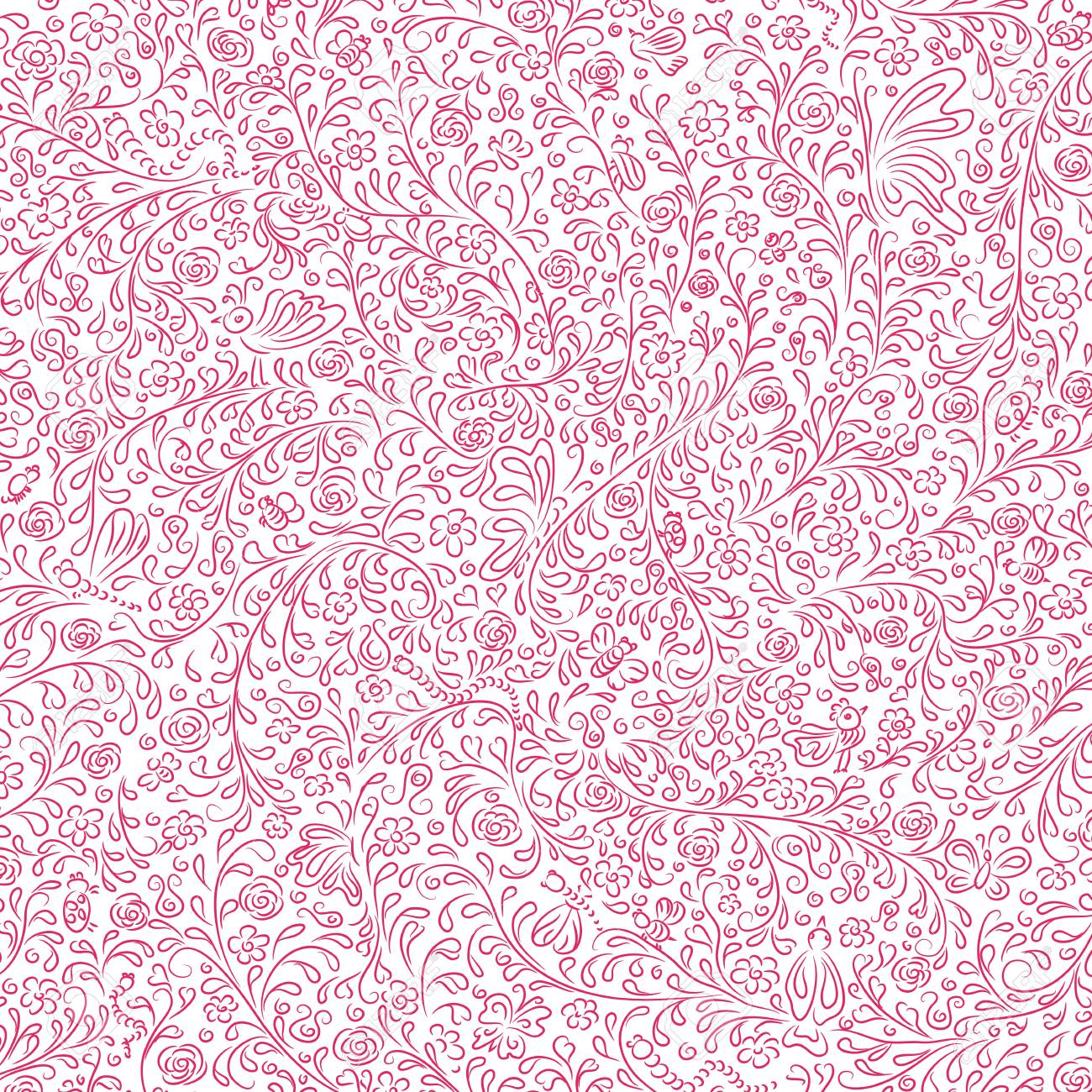 花 鳥や蝶のかわいい背景手描き のイラスト素材 ベクタ Image