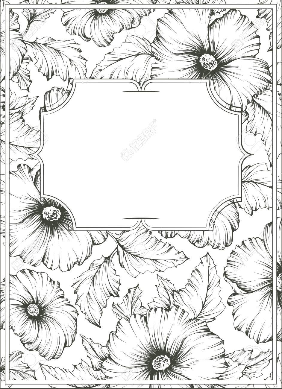 単色概要植物イラスト マローと背景の花し 葉します 自然パッケージ花柄カバーを印刷します 手描きの背景フレーム のイラスト素材 ベクタ Image