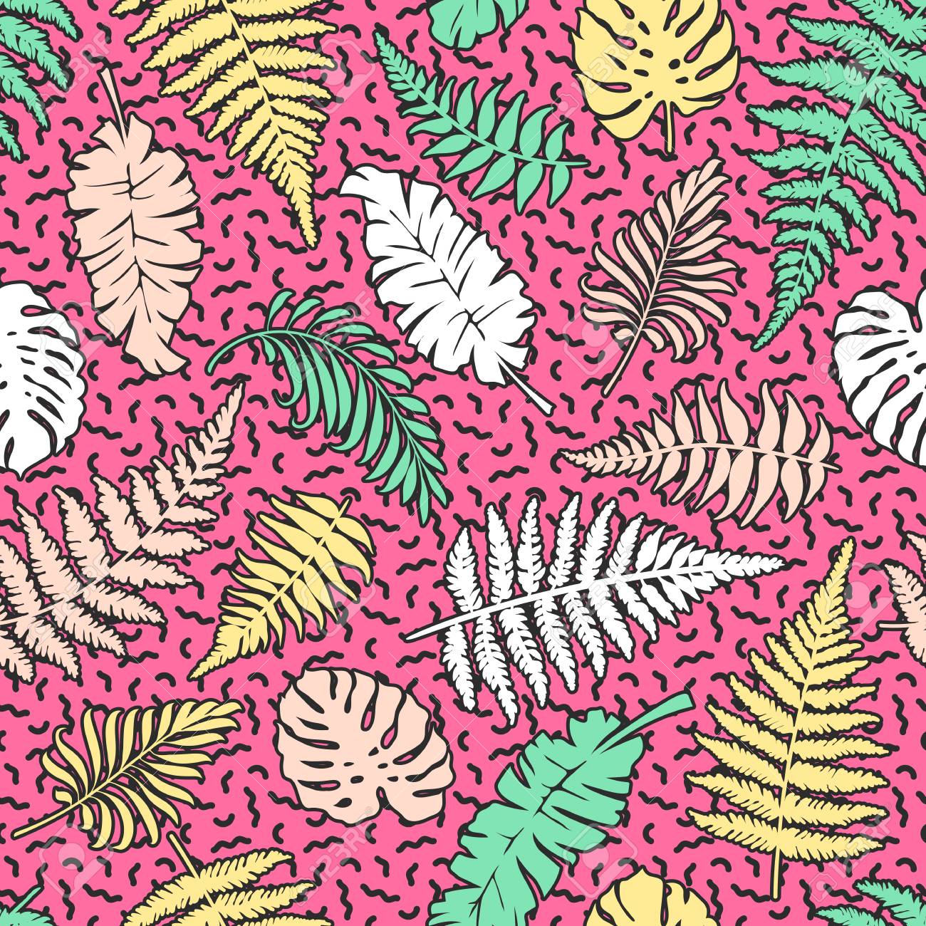明るいシームレス パターン ヤシ シダ モンステラ 熱帯植物の背景は 80 年代に壁紙の葉でメンフィス スタイル のイラスト素材 ベクタ Image