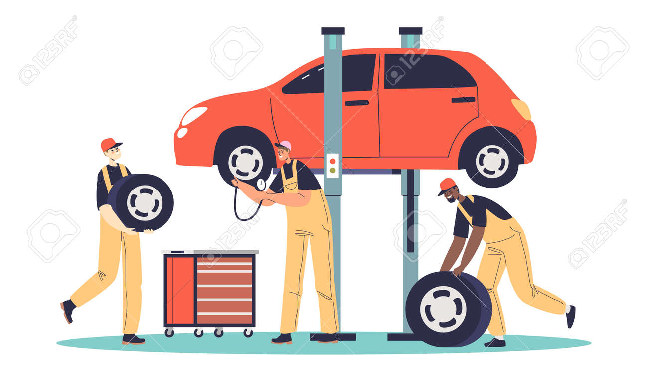 Auto Mechanic Service Center Staff Changing Tire For Balancing Car.  Assembling Garage Workers Royalty Free SVG, Cliparts, Vectors, and Stock  Illustration. Image 184794309., image size:1300x762
