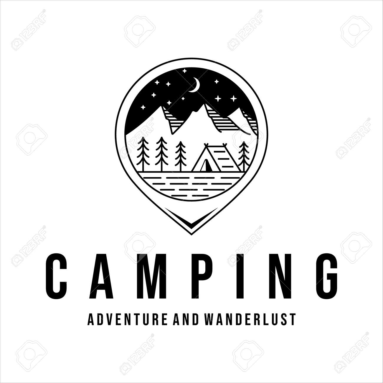 Camping Logo Line Art Vector Illustration Template Icon Design. Adventure  And Wanderlust Concept With Vintage Night At Forest And Mountain Place  Клипарты, SVG, векторы, и Набор Иллюстраций Без Оплаты Отчислений. Image  173104488