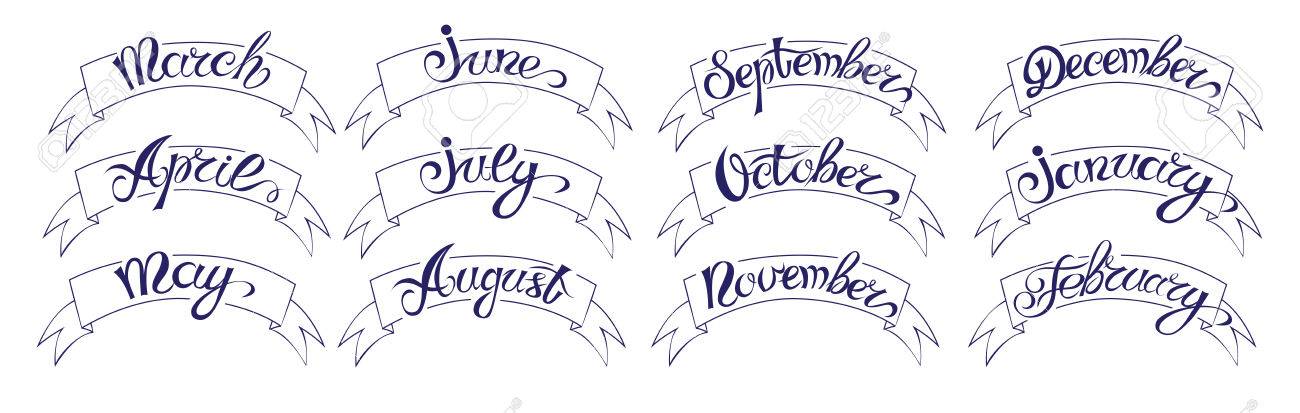 Definir Des Etiquettes Avec Des Lettres Dessinees A La Main Des Mois De L Annee Les Noms Noir Sur Blanc Vector Illustration Clip Art Libres De Droits Svg Vecteurs Et Illustration