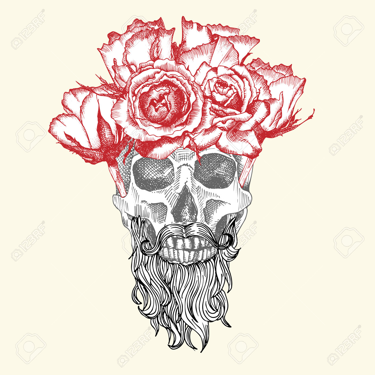 Hand drawn sketch human skull with beard and mustache in wreath of flowers. Red roses Funny character Black graphic Engraving art isolated on white background. Vintage style. Vector - 161481833 Hand drawn sketch human skull with beard and mustache in wreath of flowers. Red roses Funny character Black graphic Engraving art isolated on white background. Vintage style. Vector - 161481833