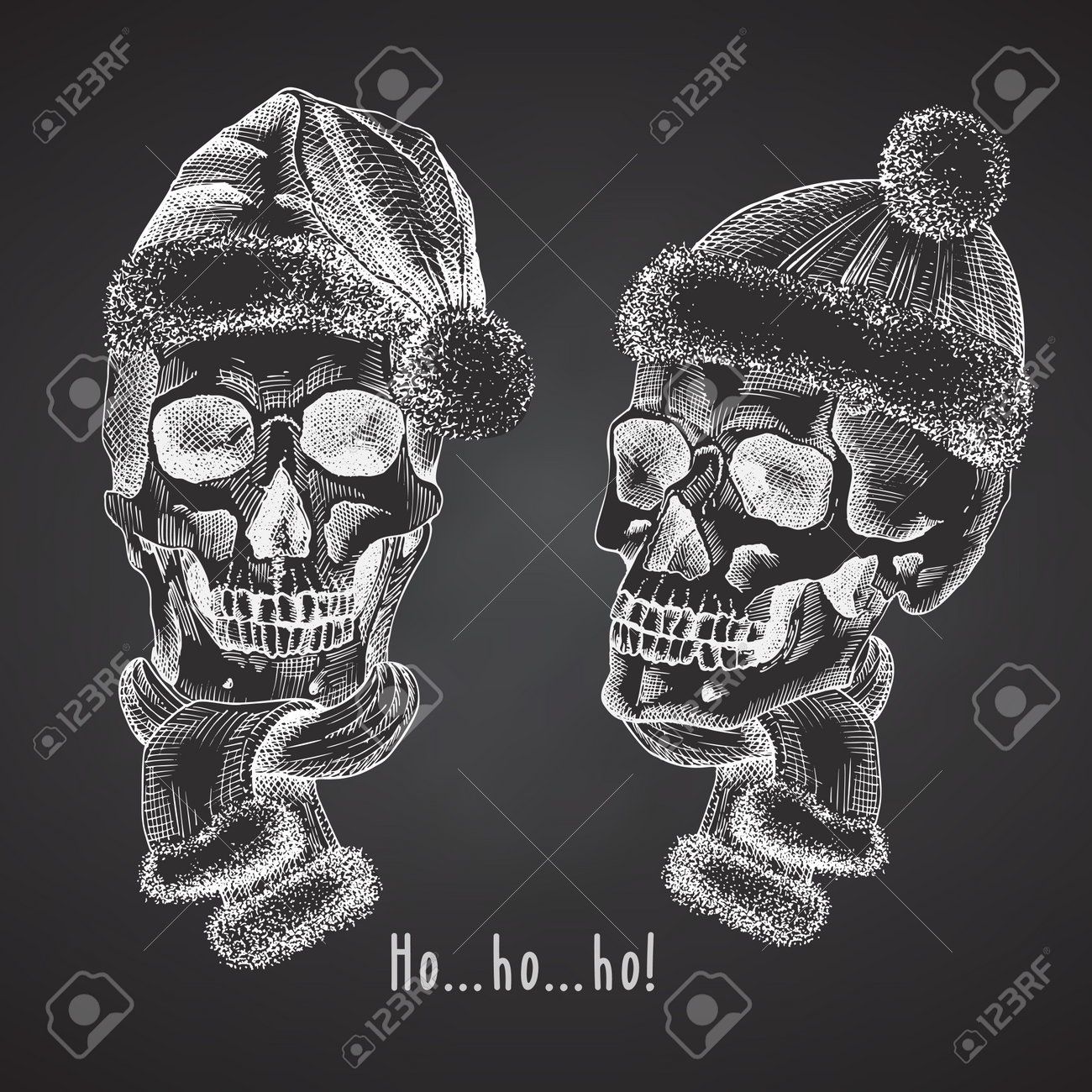 Set Hand drawn sketch human skull with santa hat and fur scarf. Chalk graphic Engraving art isolated on chalkboard background. Alternative Christmas and New Year vintage style. Vector - 160989612 Set Hand drawn sketch human skull with santa hat and fur scarf. Chalk graphic Engraving art isolated on chalkboard background. Alternative Christmas and New Year vintage style. Vector - 160989612