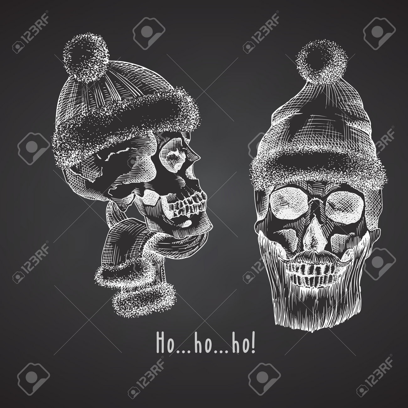 Set Hand drawn sketch human skull with santa hat and fur scarf. Chalk graphic Engraving art isolated on chalkboard background. Alternative Christmas and New Year vintage style. Vector - 160989617 Set Hand drawn sketch human skull with santa hat and fur scarf. Chalk graphic Engraving art isolated on chalkboard background. Alternative Christmas and New Year vintage style. Vector - 160989617
