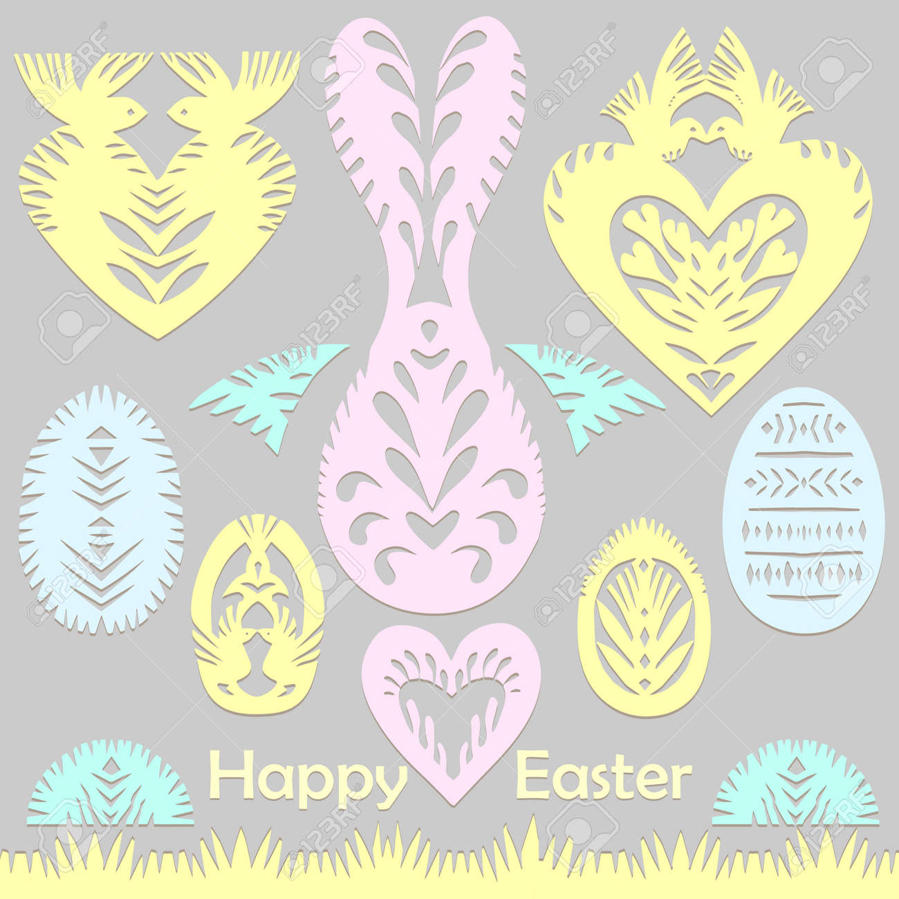 Set of paper cut festive symbols Holiday spring Easter signs egg, rabbit, heart, tree in pink, yellow, gray, blue colors. Traditional Belarusian, Polish paper clippings. Hand made. Vector - 164139370 Set of paper cut festive symbols Holiday spring Easter signs egg, rabbit, heart, tree in pink, yellow, gray, blue colors. Traditional Belarusian, Polish paper clippings. Hand made. Vector - 164139370