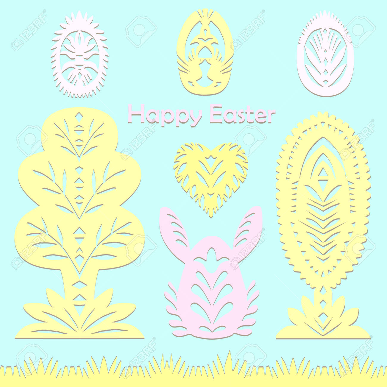 Set of paper cut festive symbols Holiday spring Easter signs egg, rabbit, heart, tree in pink, yellow, gray, blue colors. Traditional Belarusian, Polish paper clippings. Hand made. Vector - 164139323 Set of paper cut festive symbols Holiday spring Easter signs egg, rabbit, heart, tree in pink, yellow, gray, blue colors. Traditional Belarusian, Polish paper clippings. Hand made. Vector - 164139323